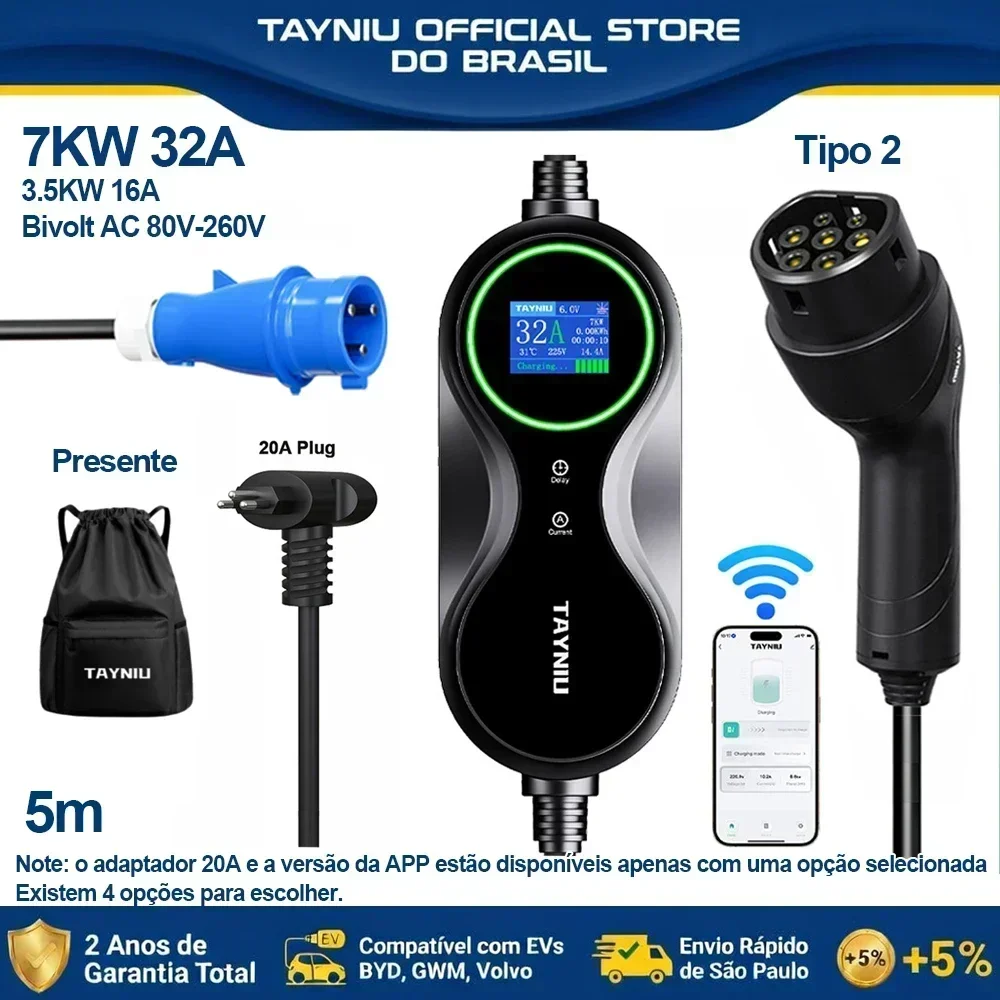 TAYNIU 7KW 32A Electric Car Charger APP  Wallbox 5M TYPE 2 3.5KW 16A 110V-220V Portable EV Charger with Adapter Bag for BYD GWM