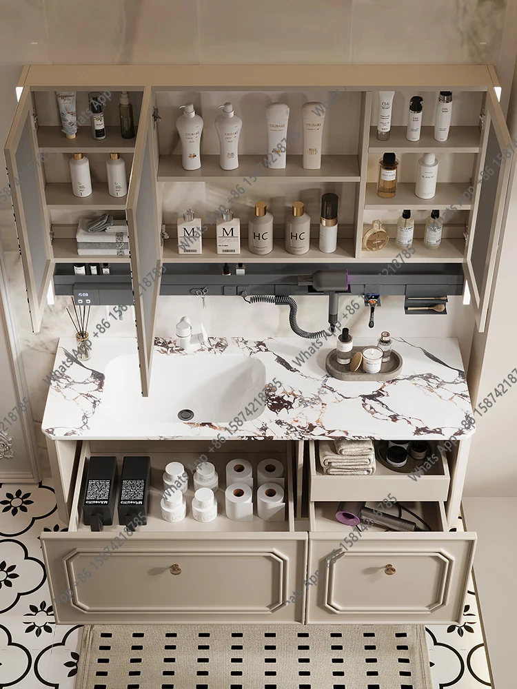XBathroom Cabinet Solid Wood French Cream Style Slate Hot-Bent Integrated Basin Hand Wash Basin Bathroom Wash Table