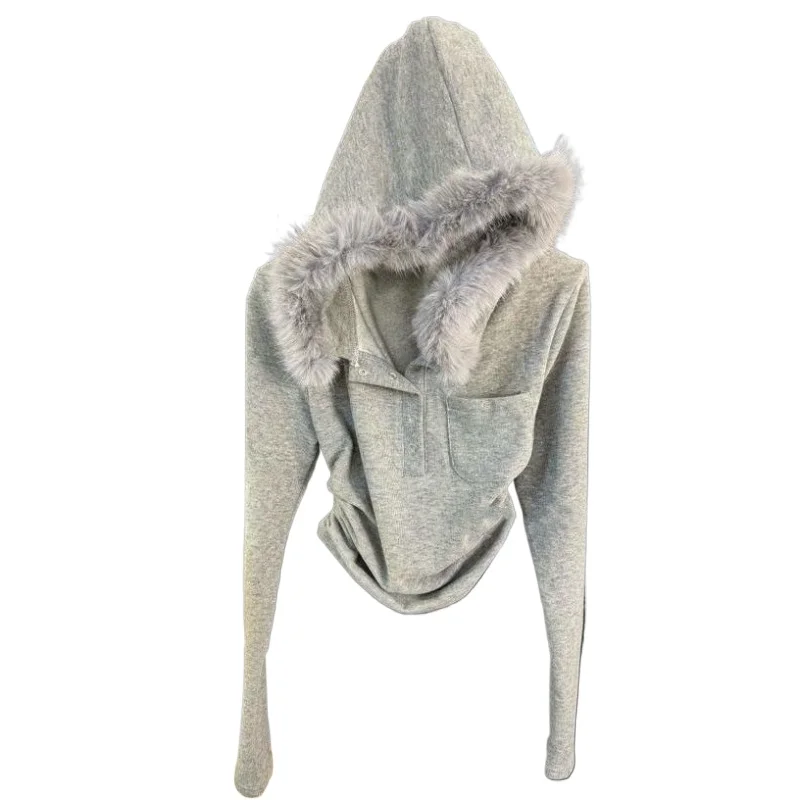 New Y2k spliced furry hoodie drawstring long-sleeved women waist slimming fashion street retro top k pop clothes