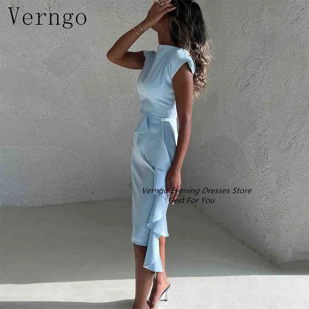 Verngo Blue Crepe Prom Gowns High Neck Sleeveless Saudi Arabic Party Dress Pleat Mermald Formal Occasion Dress For Women