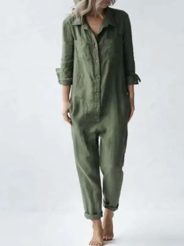 

Casual Collar Long Sve Jumpsuit Women Leisure Turn-down Collar Full-length One-piece Suit Polyester Fiber Mid-waist Pants