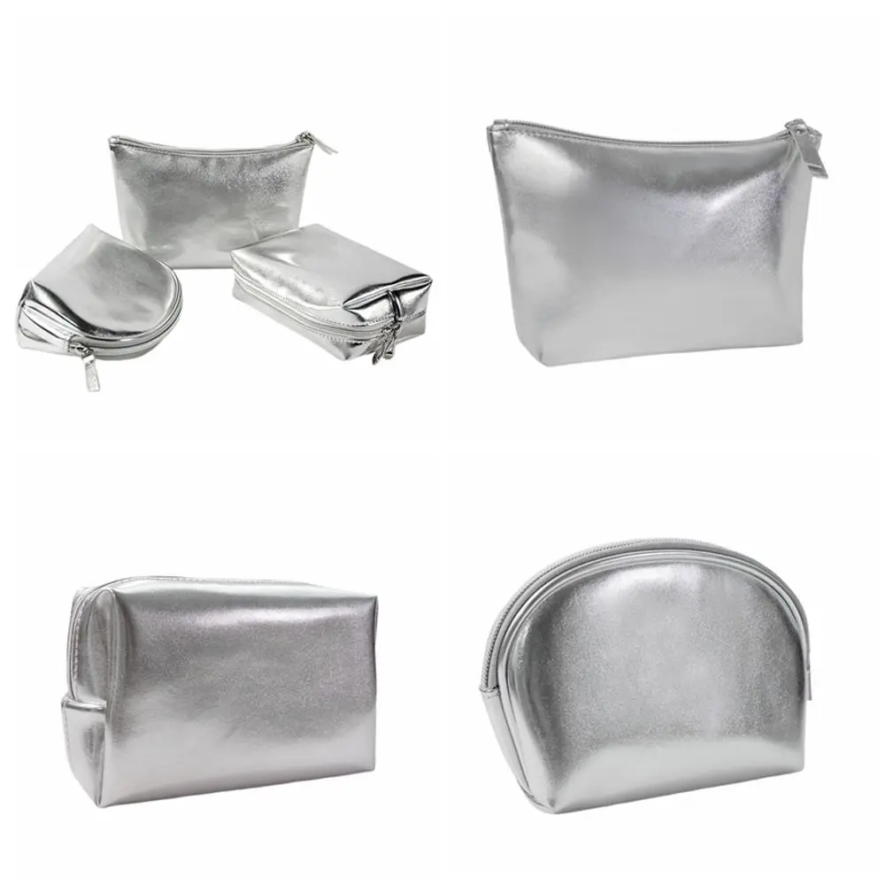 Korean PU Leather Shell Makeup Bag Silver Color Rectangle T Shape Cosmetic Handbag Solid Color Lipstick Bag