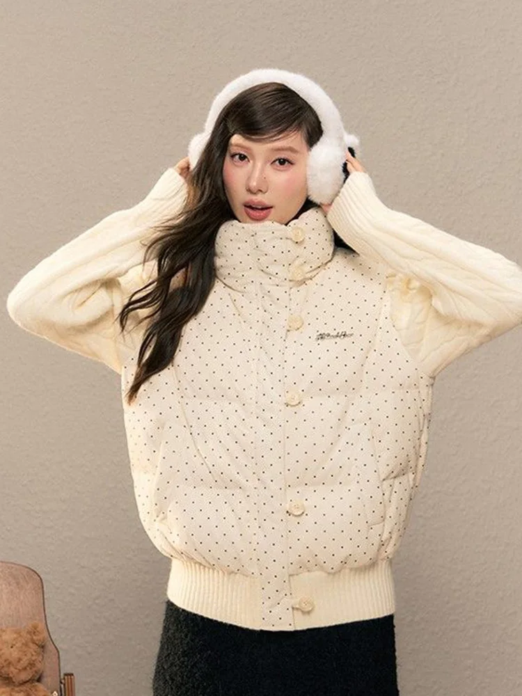 

Вязаные лоскутные вельветовые парки в стиле ретро, женские зимние пышные парки в горошек с длинными рукавами, корейская теплая толстая куртка с воротником-стойкой, новинка