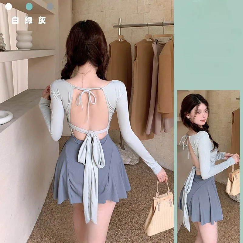 2024 nuova corea moda costume da bagno donna manica lunga Sexy scollo a v Backless scava fuori costumi da bagno con gonna corta costumi da bagno da spiaggia