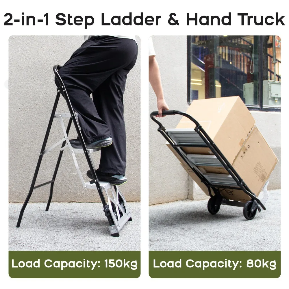 Deliladder Industrial 2 in 1 Foldable Anti-slip Aluminum Ladder Trolley Multifunction Folding Hand Truck 150kg Load Capacity
