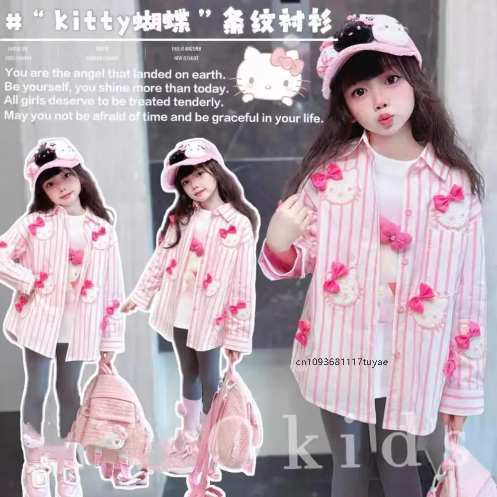 

Kawaii Hello Kitty, белая футболка из двух предметов для девочек, белая футболка с длинными рукавами Sanrios, новая летняя рубашка с милым бантом, детская одежда