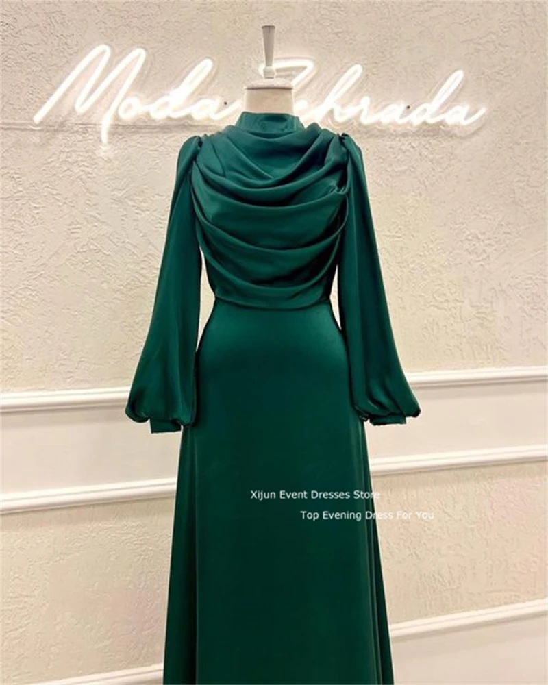 Xijun Simple Prom Gowns Satin Evening Dresses Prom Dress Modest Saudi Arabic Moroccan Kaftan Long Sleeves A-Line Party Dress 202