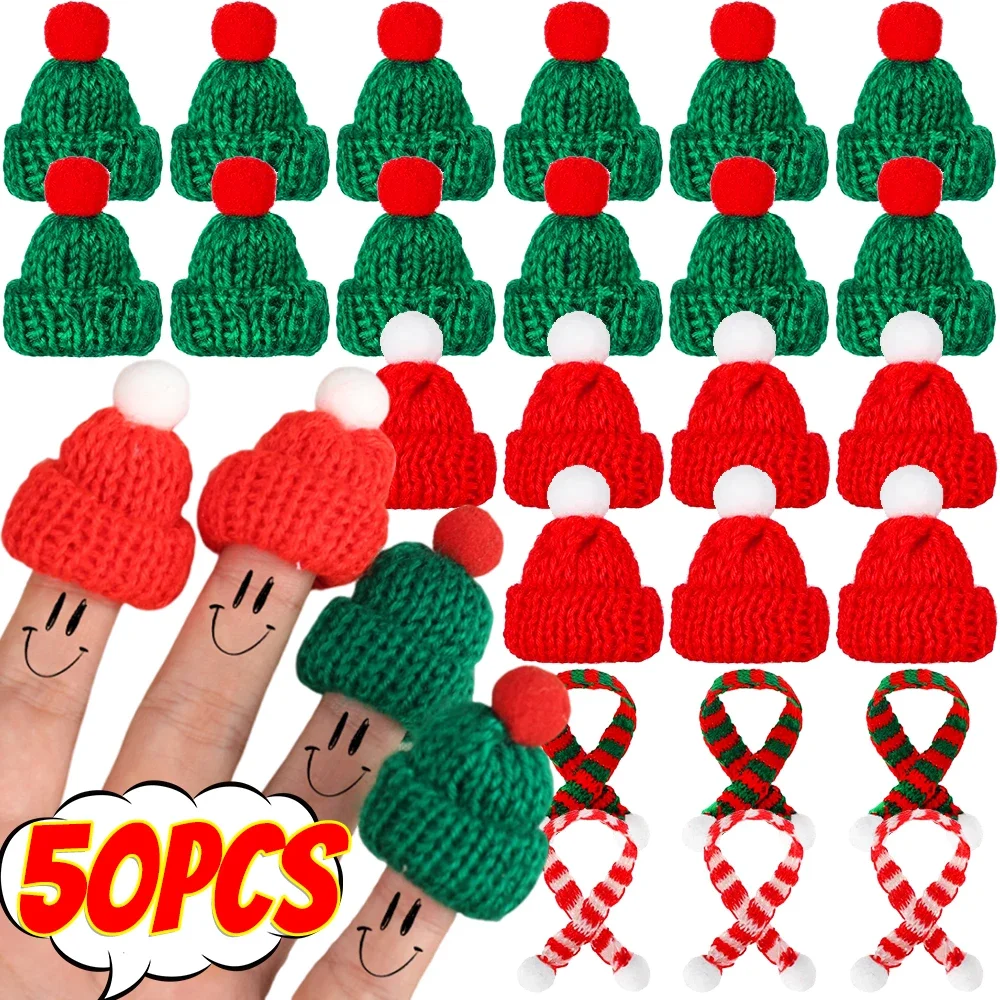 10-50ชิ้นฝาขวดไวน์รูปอมยิ้มหมวกซานตาคลอสขนาดเล็กหมวกคริสต์มาสถักผ้าพันคอของขวัญปาร์ตี้ปีใหม่อุปกรณ์ทำมือ DIY