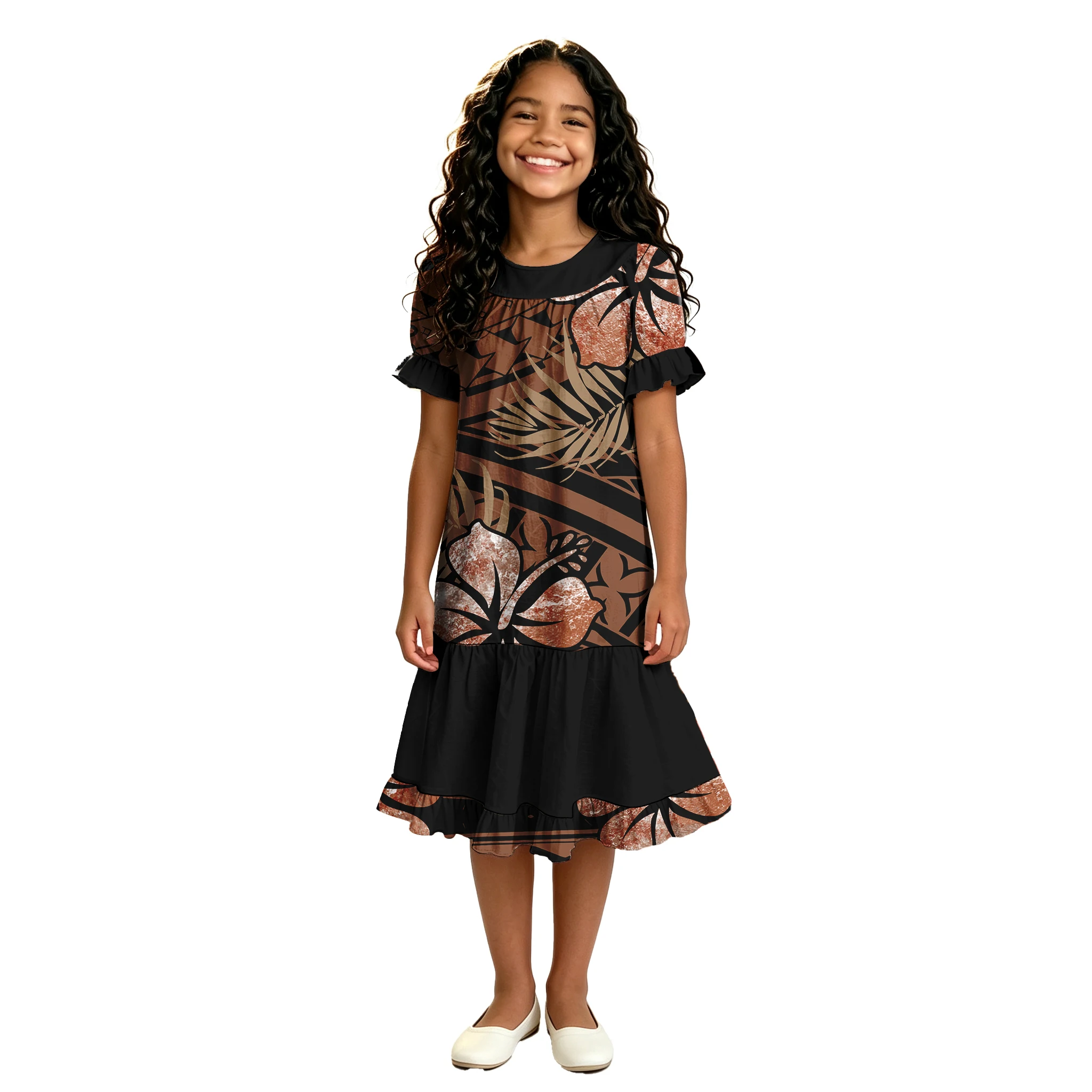 Clothes Custom Polynesia Girls Casual Beach Party O-Neck Tribal Design Ruffles Samoan Dress Children Tribal Island Dress Pacific