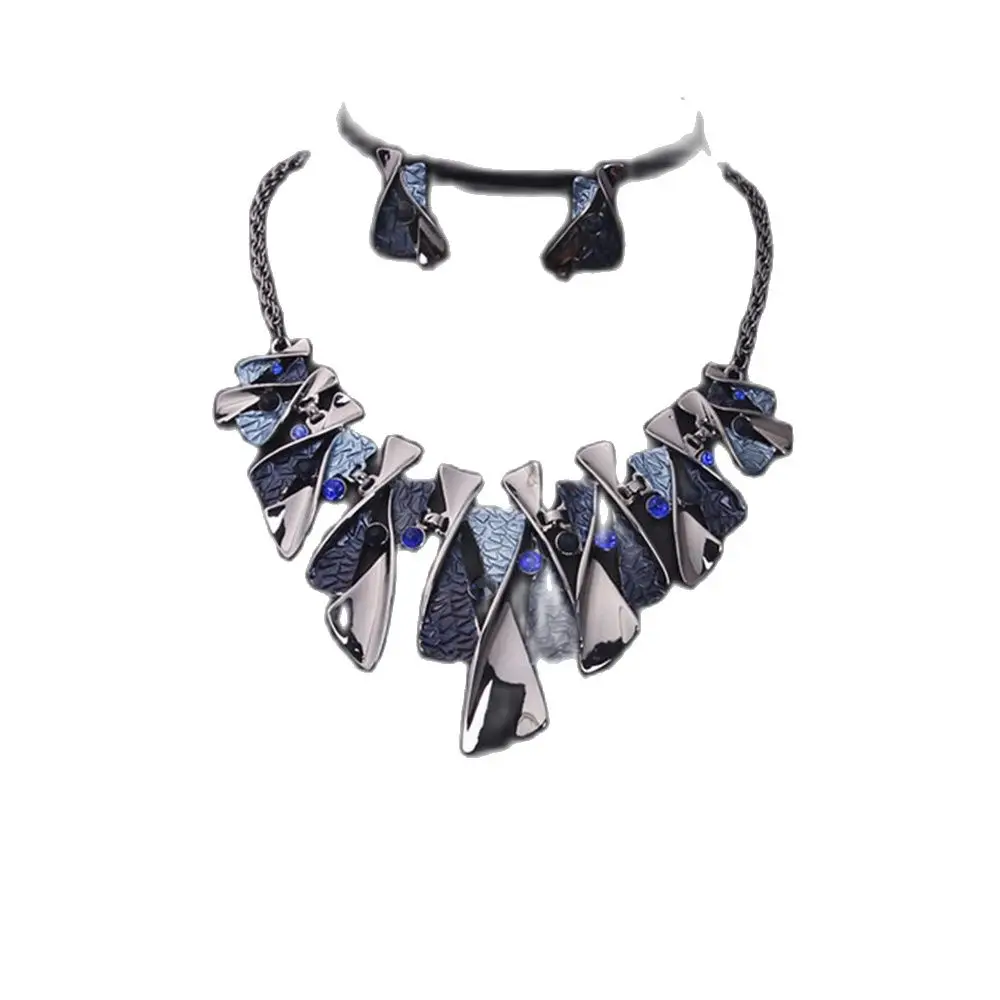 

Charm Blue Silver Metal Irregular Collar Necklace Earring Wedding Party Jewelry Set Trendy Bridal Banquet Accessories