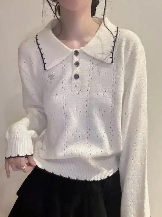 Francês sle longo sve camisola de malha feminina solto ajuste bordado nó oco para fora colarinho algodão macio outono topo