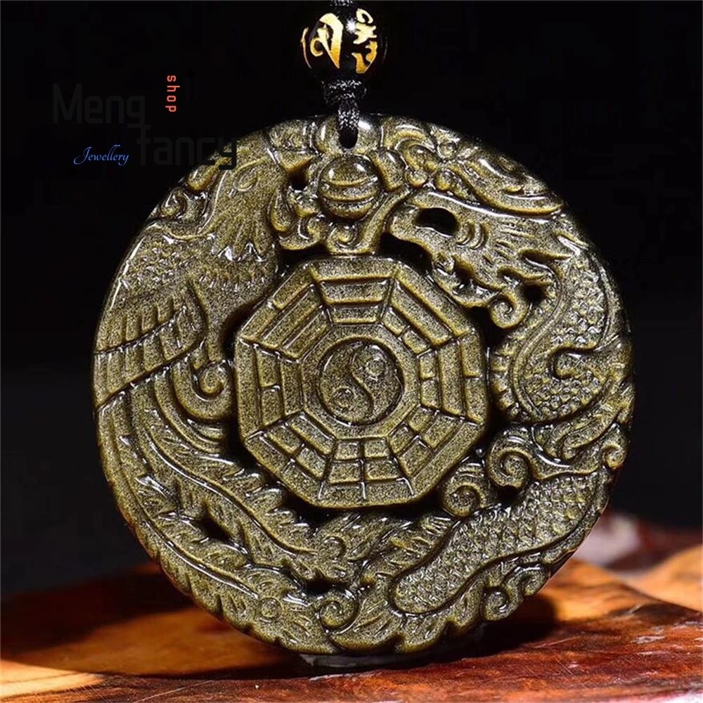 

Natural Gold Obsidian Dragon Phoenix Bagua Pendant Charms Fashion Jewelry Amulet Mascots Luxury Women Men Necklace Holiday Gifts