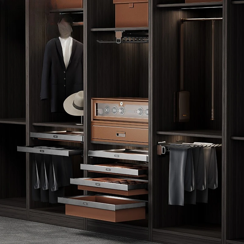 Built-in leather pants rack in wardrobe, aluminum alloy pull-out damping buffer silent pants rack