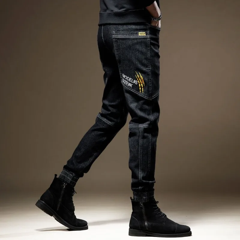 Spring Autumn Casual Pants Multi-Pockets Elastic Designer Denim Male 2023 Streetwear FASHION Splice Black Jeans Slim Fit Trouser