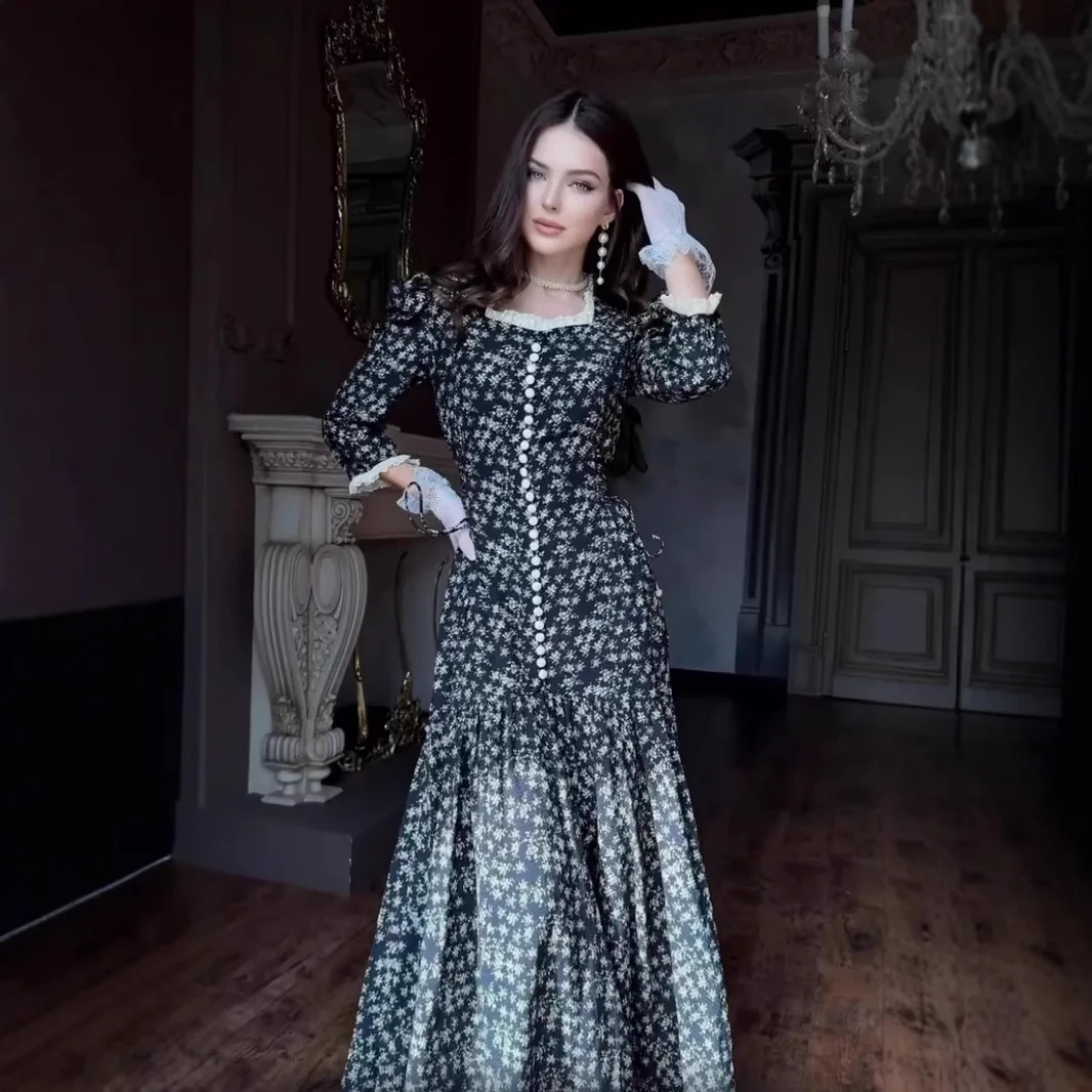 Langes Kleid mit Rüschenkragen, A-Linie, Puffärmeln, Knöpfen, Blumenmuster, Elegant, mit Schnürung, für Party, Abend, Date, Y2k Streetwear 2026