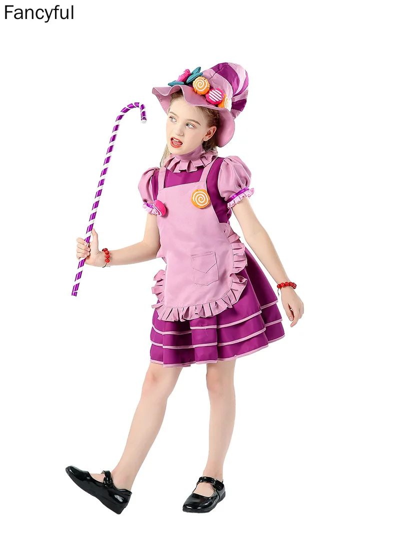 Halloween Costumes Kids Cosplay Game Character Costume Candy Witch Lulu Purple Dress Set Hat+Apron+Scarf+ 2 Strings+Slouchy Bag