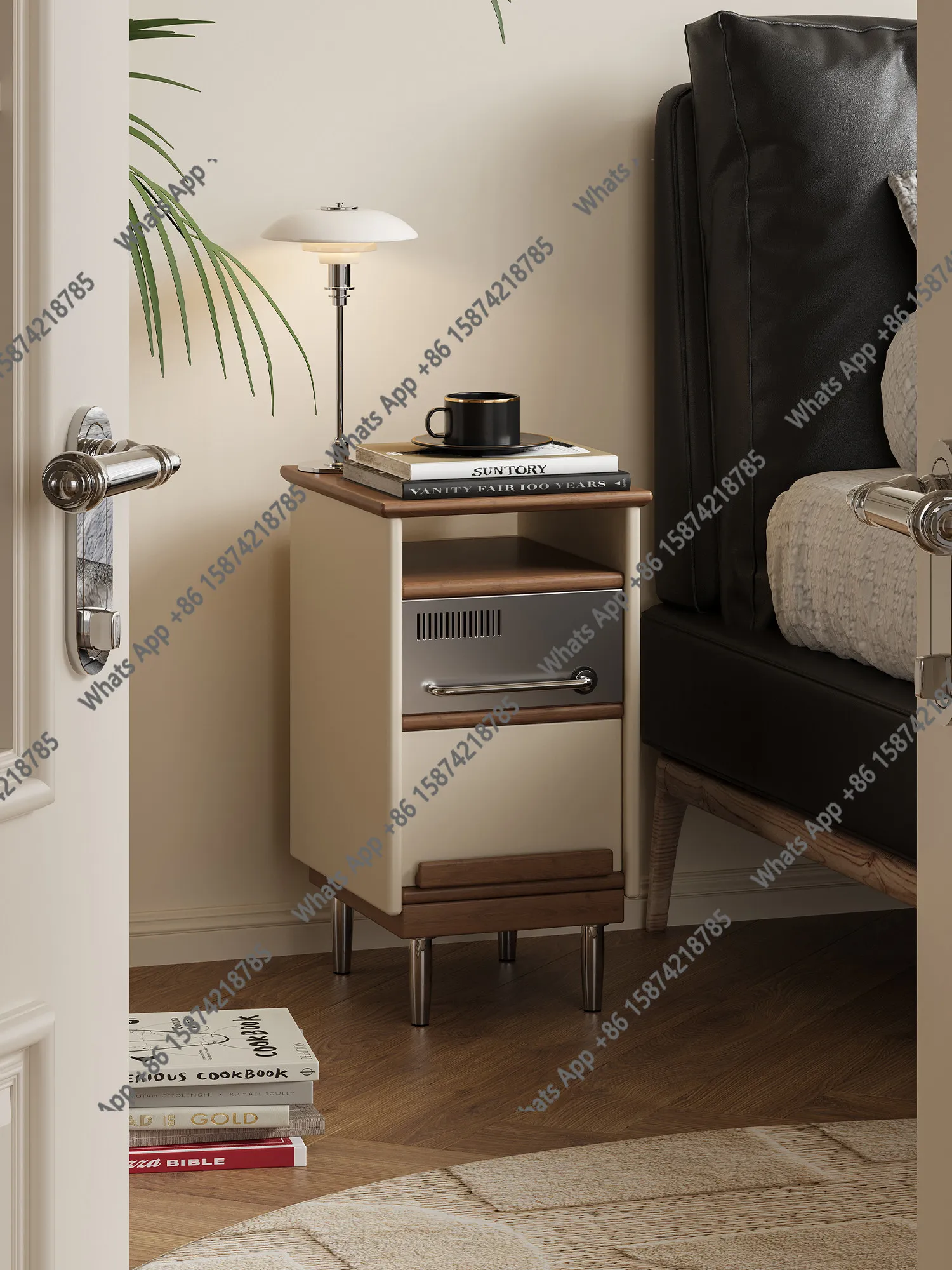 Kawadano French retro Bauhaus style ultra-narrow bedside table bedroom extremely narrow magazine storage cabinet light luxury be