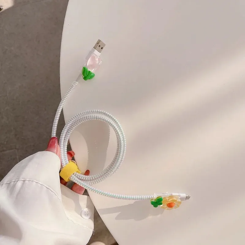 Kawaii Floral Cable Protector USB Charger Data Line Wire Cord Case Soft TPU Cover Cable Organizers Office Desk Organizer