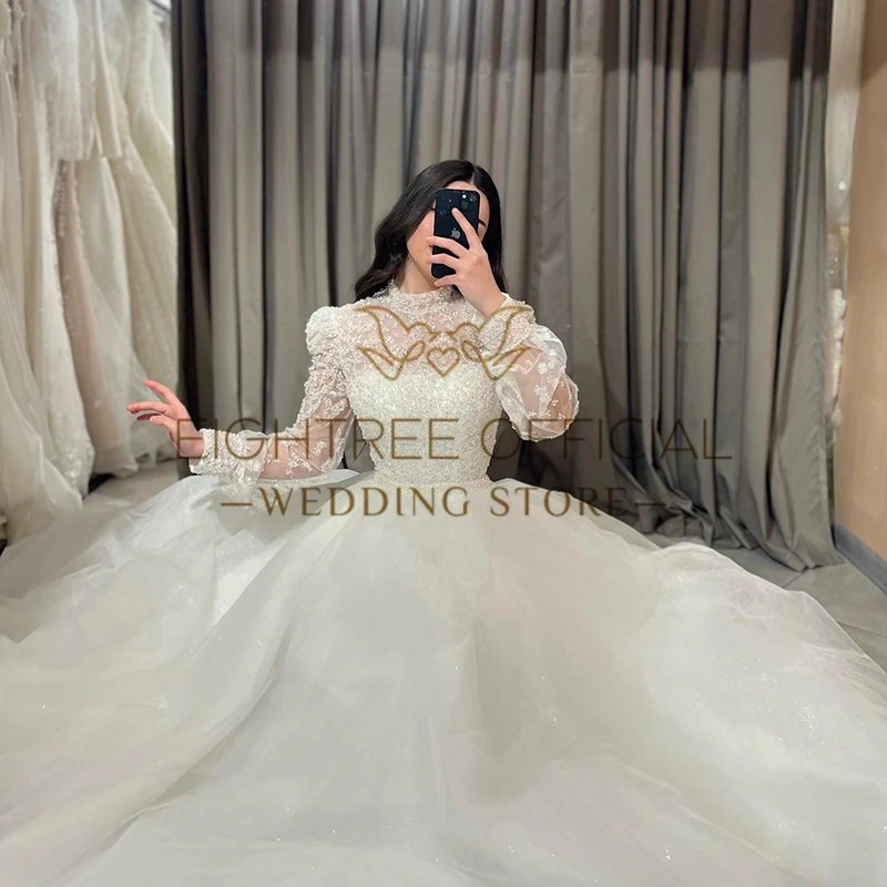 Eightree Elegant A-Line Wedding Dresses Puff Sleeve Sequines Princess Wedding Gowns Boho Beach Bridal Ball Prom Dress Customized