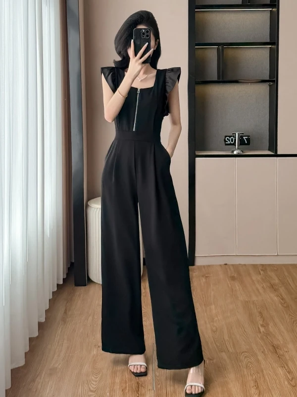 Hebe Sle Casual High Quali One-Piece Pants Women's Faion Summer New Wide Leg Bla Slimming Fly Sve Ensemble