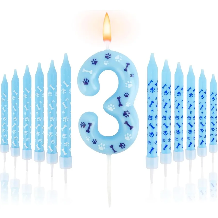 Decoraciones de cumpleaños azules, pata azul número 3, vela de cumpleaños, velas de 3. ° cumpleaños, adorno de pastel azul, adornos para magdalenas, pata de perro