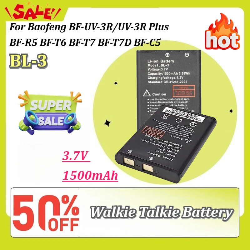

New BL-3 3.7V 1500mAh Walkie Talkie Battery for Baofeng BF-UV-3R/UV-3R Plus BF-R5 BF-T6 BF-T7 BF-T7D BF-C5 Rechargeable Battery