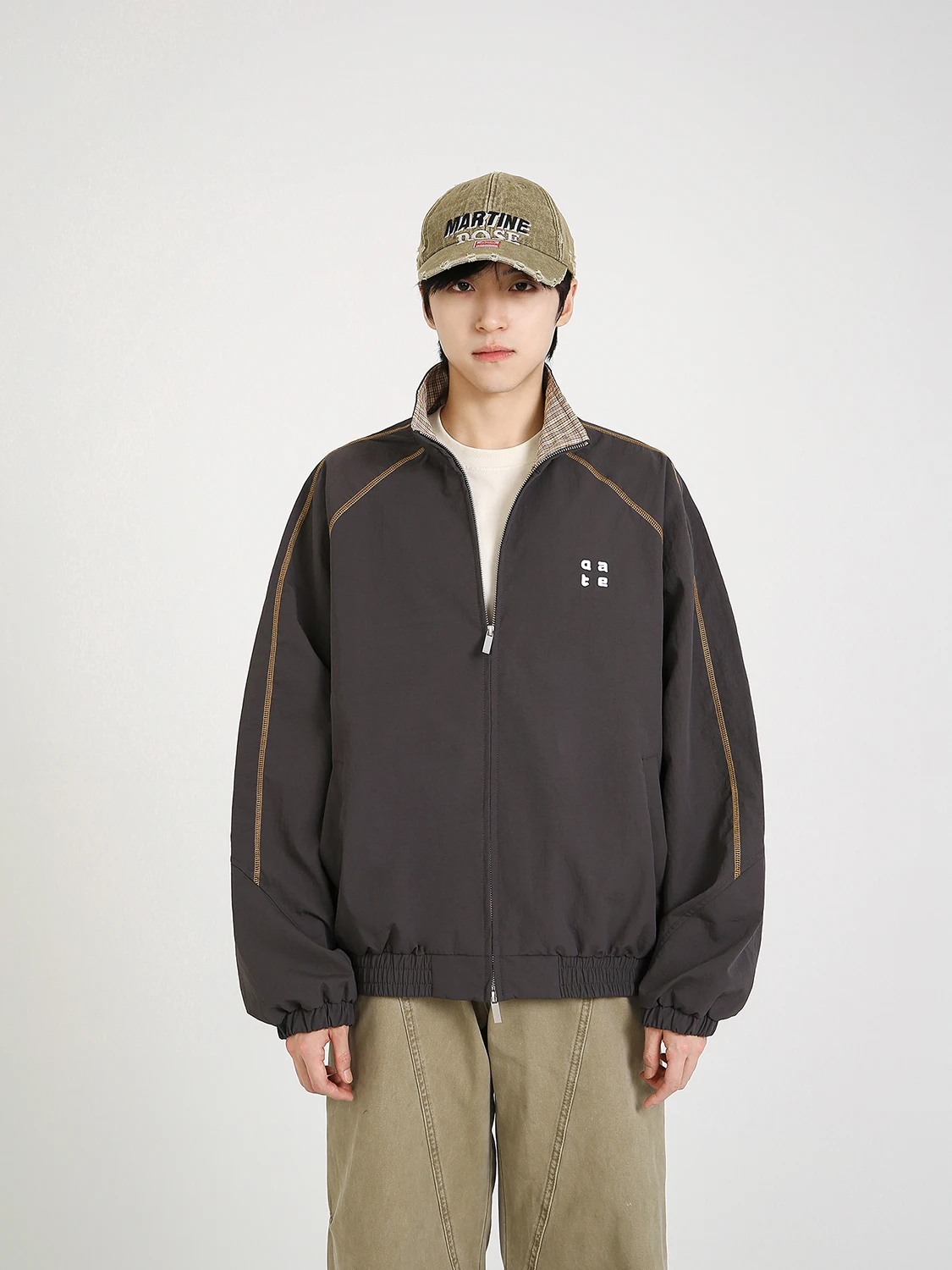 

Retro Japanese Sle Stand Collar Men's Jaet Autumn New Loose Casual American Sle Zipper ort Coat for Youth Daily Wear