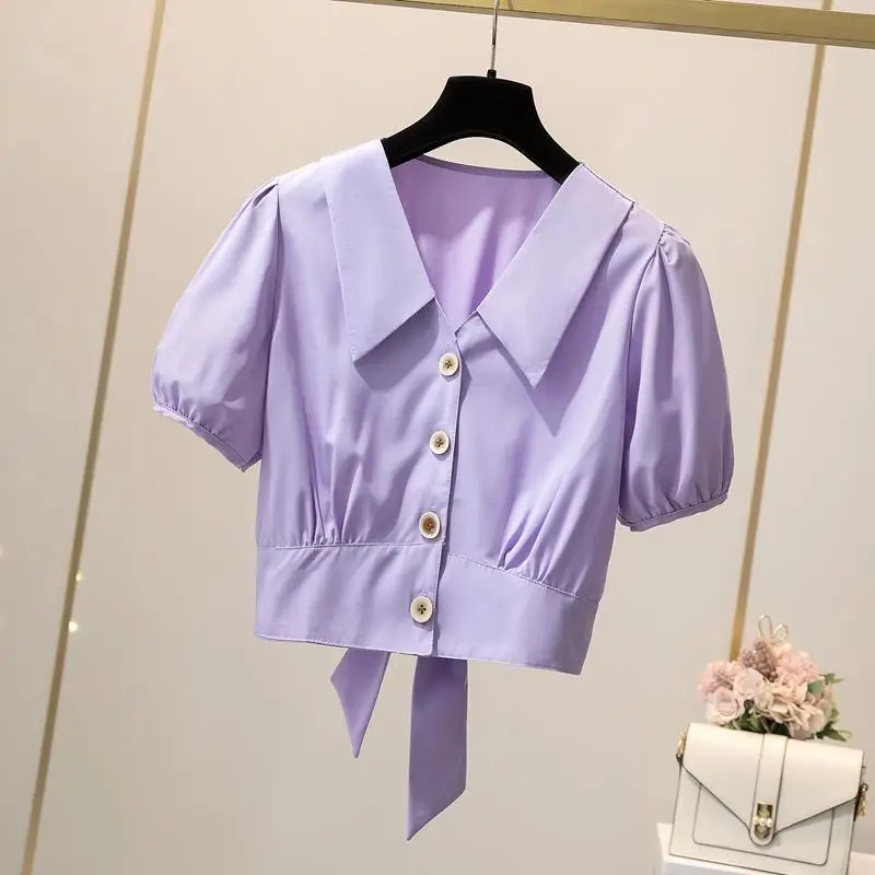 Summer New White Lacing Short Blouse Polo Neck Short Sleeve Bandage Solid Color Casual Shirt Tops Sweet Fashion Women Clothing