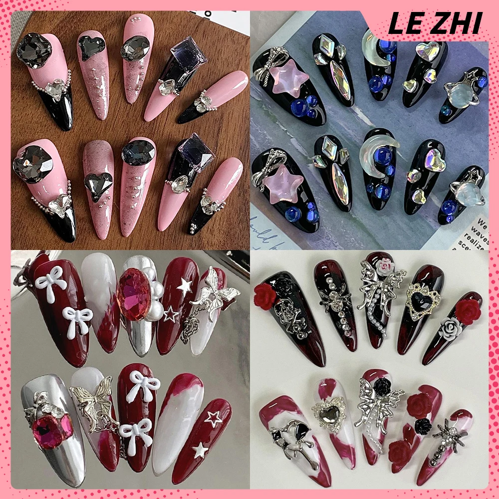 

10Pcs Gothic Dark Spice Girl Style Handmade Long Stiletto Press On Nails Rhinestone Butterfly Bowknot Flowers Reusable Fake Nail