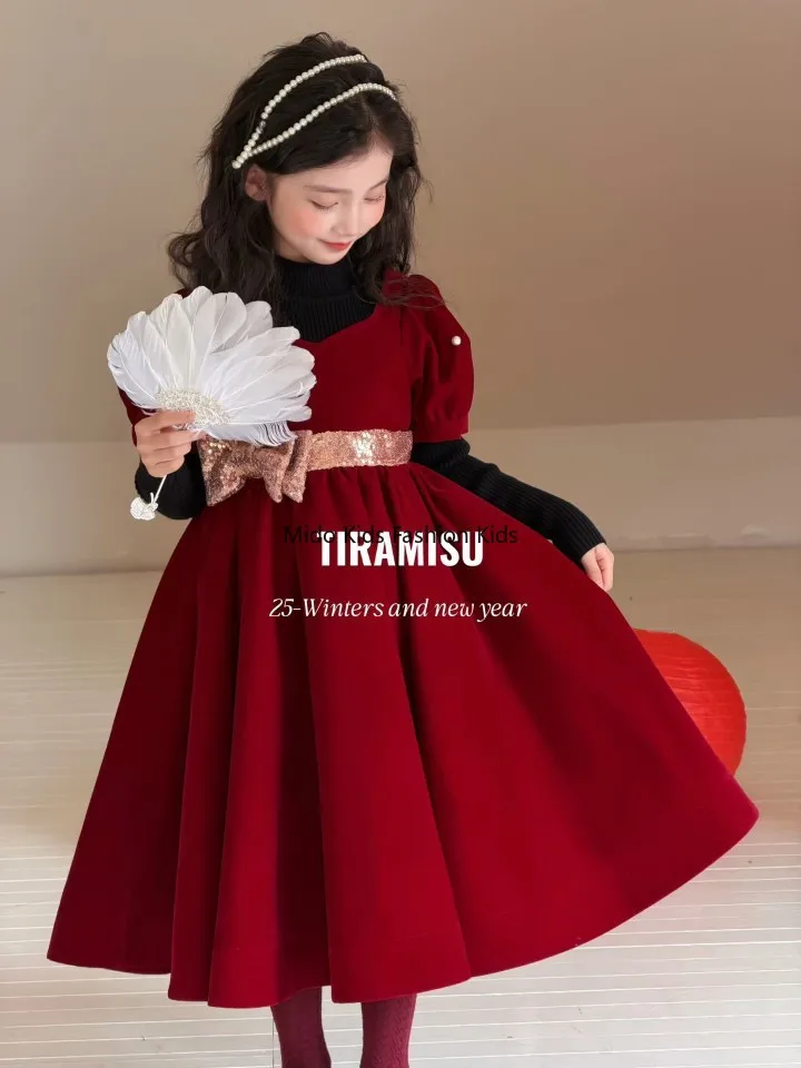 Girls vest dress 25 autumn and winter children red velvet princess dress skirt bow piano performance 100-150CM
