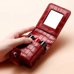 Lipstick Cosmetic Bag with Mirror Women Travel Makeup Bag Crocodile Pattern Pu Mini Toiletry Organizer Pouch Storage Makeup Case