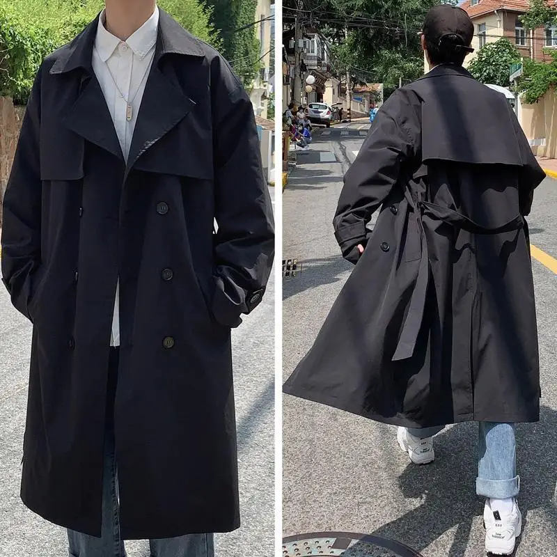 

Autumn Men's Long Coat Loose Sli Korean Version Faionable Knee-Length Briti Sle Coat Youthful Trendy Travel Wear