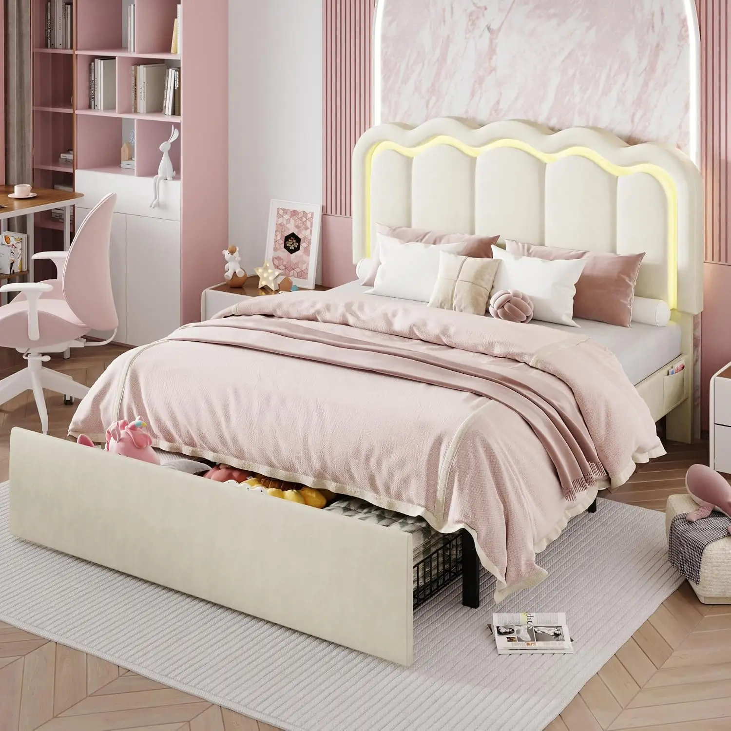 Queen Bed Frame LED Lights Storage Drawer Cream, Customized