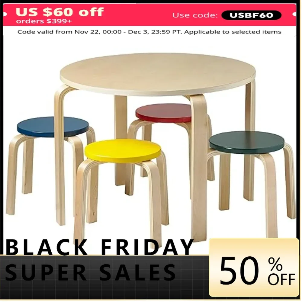 Bentwood Round Table and Stool Set, Kids Furniture, Natural, 5-Piece  Durable Finish