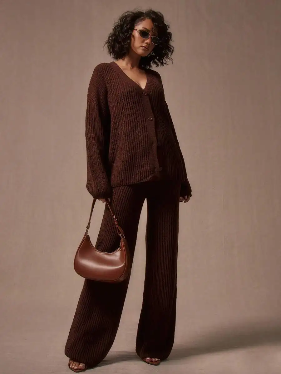 

Wide Leg Chunky Knit Sweater Set Casual Y2K 90s Style