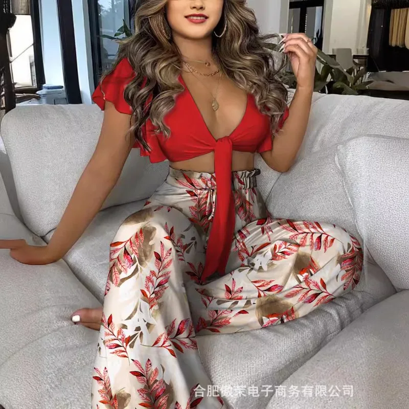 

2024 Spring Summer New Women's Clothing Pure Color Tied Top Printed Trousers Two-Piece Set