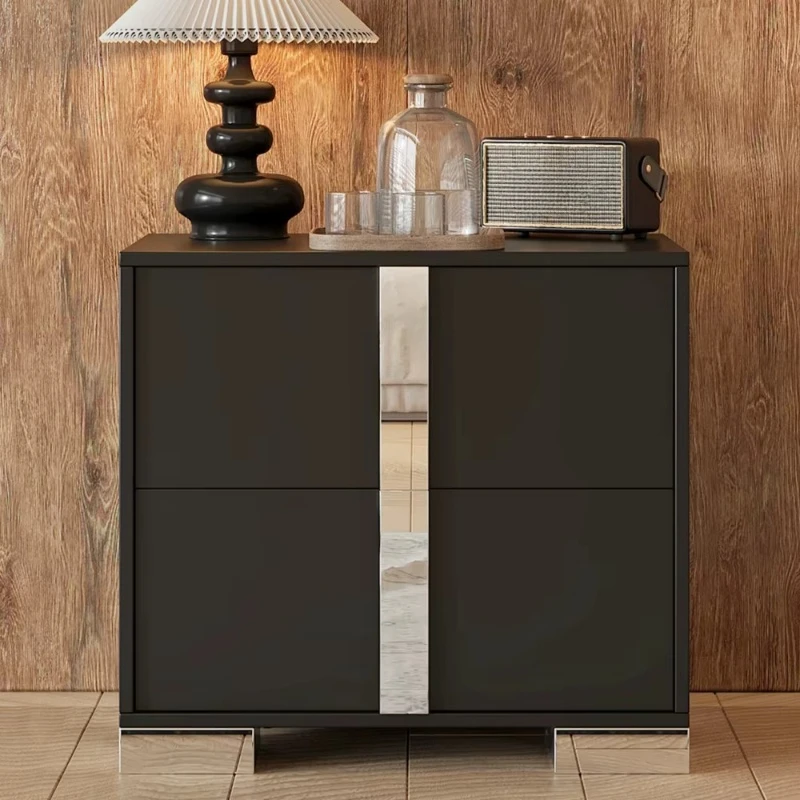 Bedside table with mirror, with 2 drawers, black metal feet, bedroom living room locker