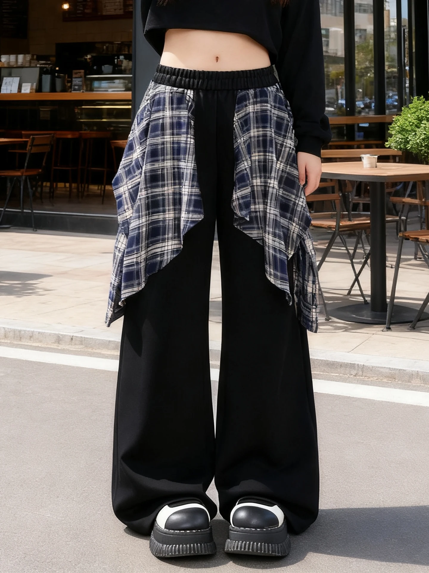 

Spring 2026 plus Size American High Street Plaid Patchwork Wide Leg Pants Women Loose Slimming Casual Trousers Casual Style