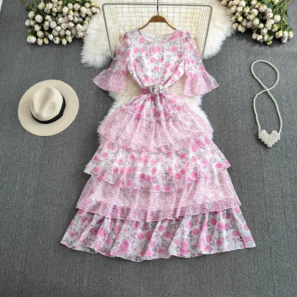 Luxury Women Summer Fashion Floral Pink Print Flowy Chiffon Layered Long Party Evening Dinner With Belt Casual A Line Dresses