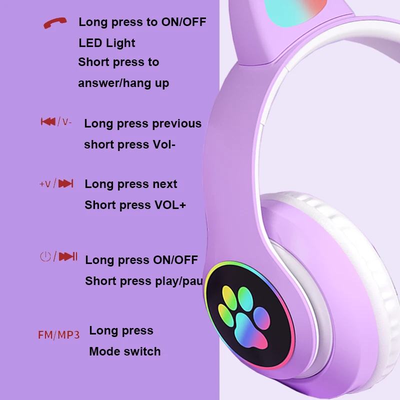 5.1 Bluetooth Wireless Headphones Headset Cat Ear Headphones For Childrens Kids Gift With Flash Light HD Voice Microphone