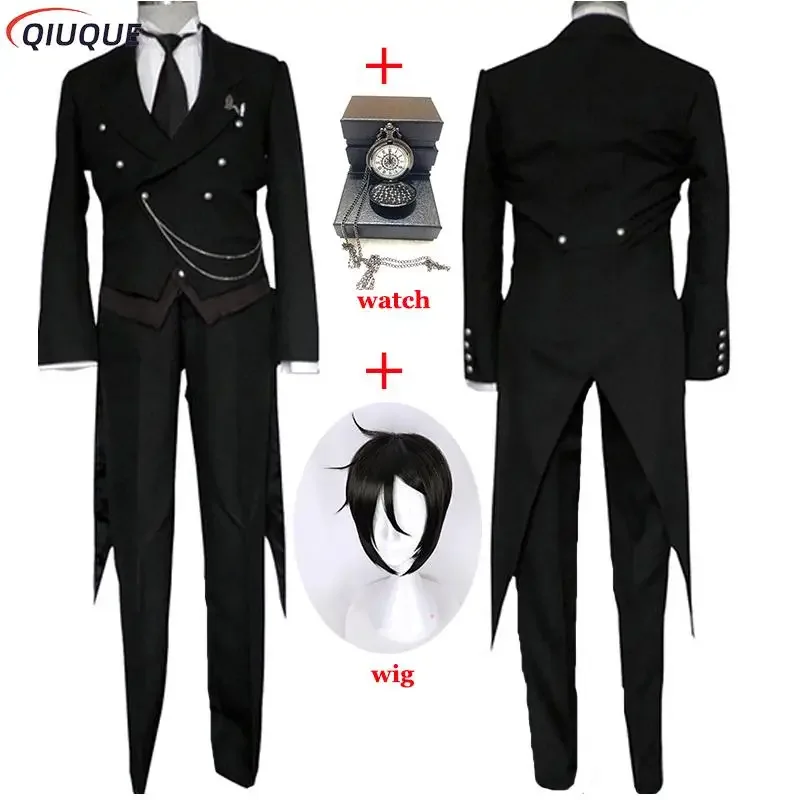 Black Butler Cosplay Japanese Anime Kuroshitsuji Sebastian Michaelis Cosplay Costume Unisex Uniforms 8 piece with Tattoo Sticker