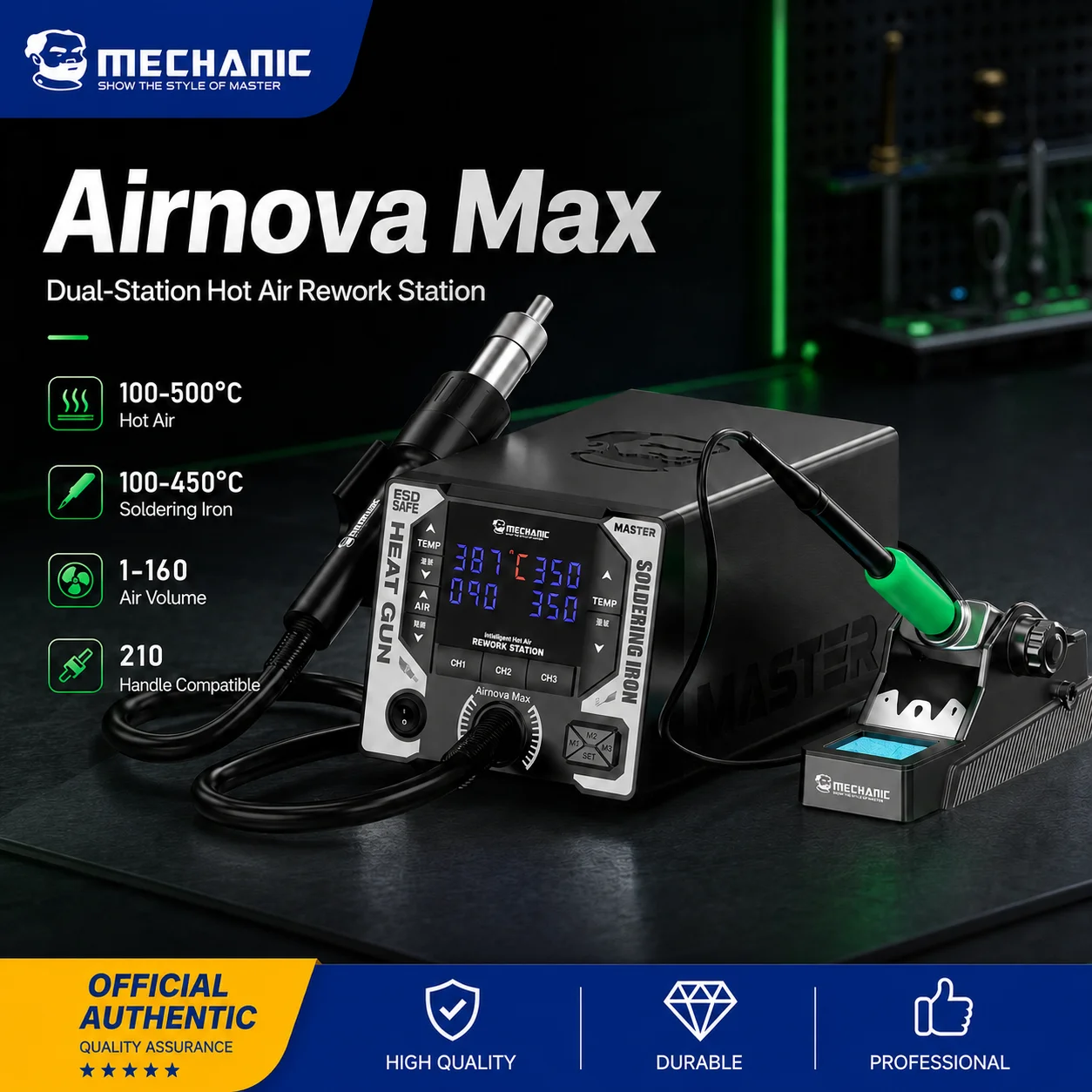 MECHANIC AirNova Max Dual Station Hot Air Rework Soldering Station 100-500°C 160 Airflow Levels 210 Handle for Phone PCB Repair