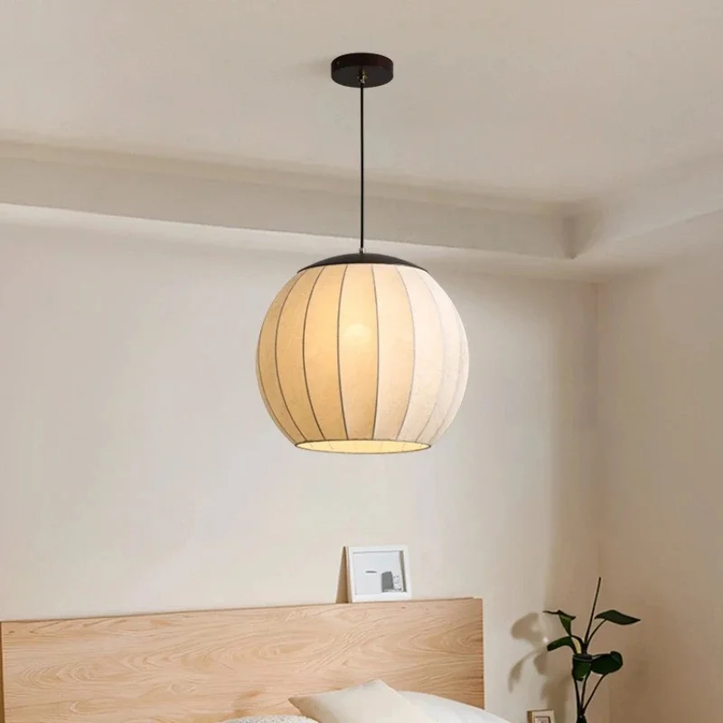 Round Ball Fabric Hanging Pendant Lamp Striped Textile Lampshade Adjustable Wire Pendant Light for Cafe Restaurant Interior