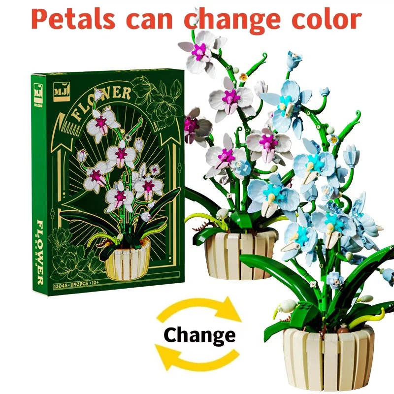 Blocchi di costruzione modello di simulazione di piante in vaso di orchidee per bambini, giocattolo puzzle, regalo di compleanno educativo, decorazioni per la casa, 619 pezzi