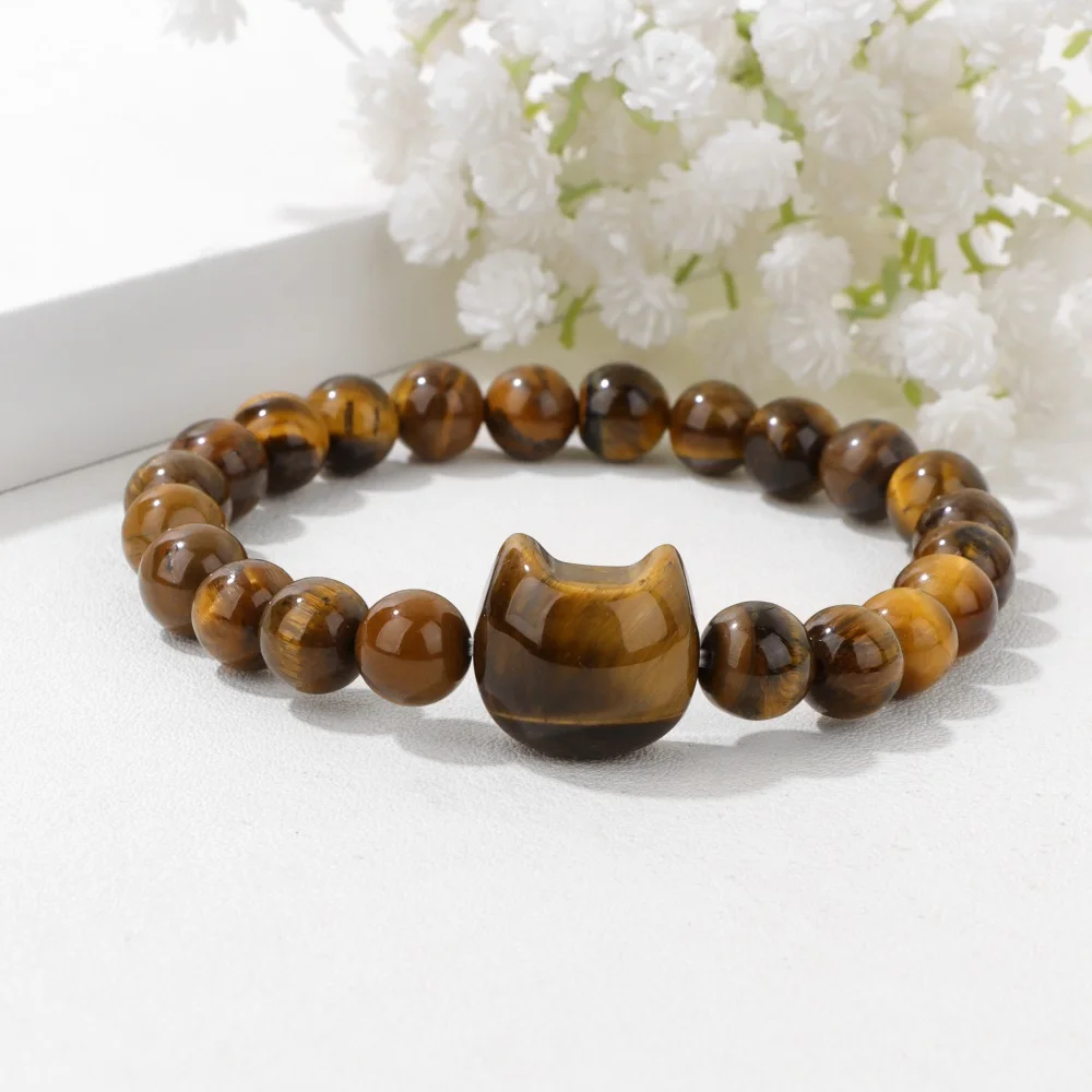 Pulseira esculpida com cabeça de gato, olho de tigre, pedra natural, quartzs, ágata, animal, 8mm, contas redondas, pulseiras elásticas para mulheres, homens, joias