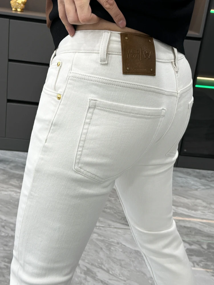 

Новые зимние утепленные джинсы на флисовой подкладке, белые, мужские, зауженные, эластичные, модные, повседневные, с узким низом