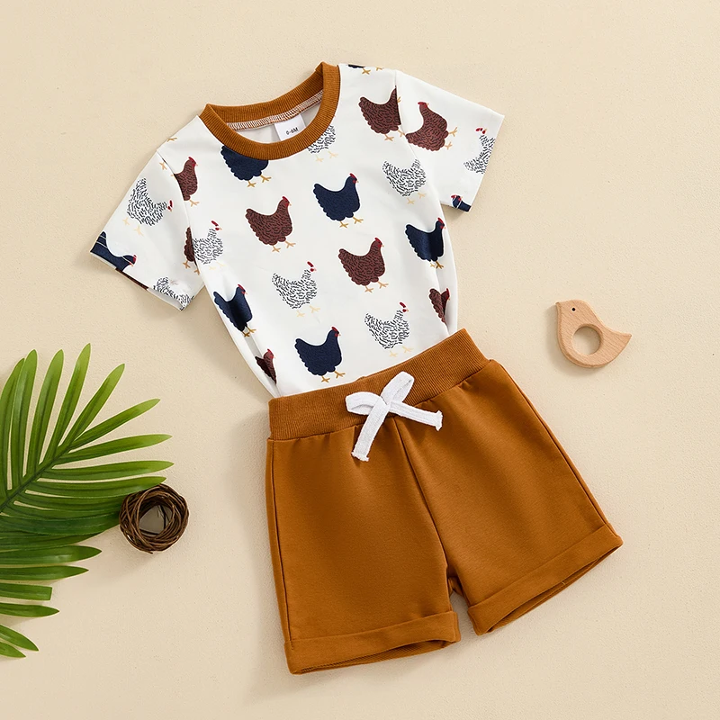 Toddler Boys Summer Outfits Chick Print Short Sleeve T-Shirts Tops Elastic Waist Shorts 2Pcs Clothes Set