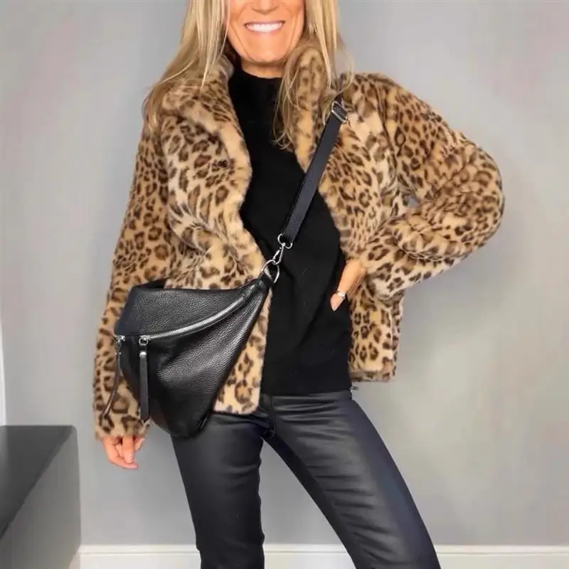 

Модное женское зимнее пальто с леопардовым принтом, длинное, с отложным воротником, верхняя одежда для женщин