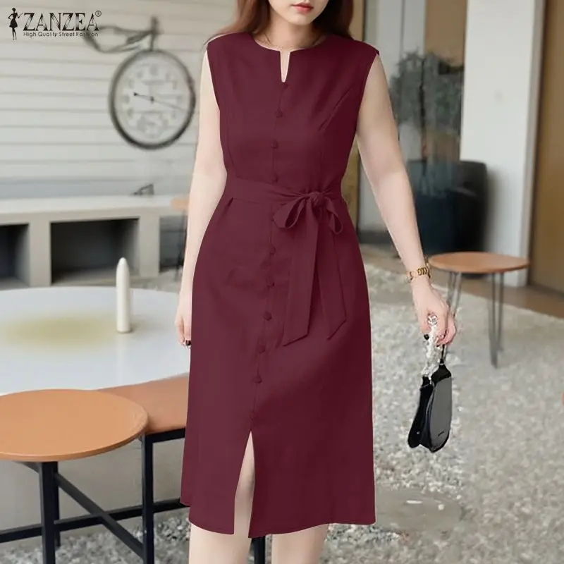 Robe d'été élégante pour femme avec ceinture, col en V, coutures princesse, couleur unie, sans manches, longueur midi, style débardeur, vêtements pour femme, tailles S-3XL