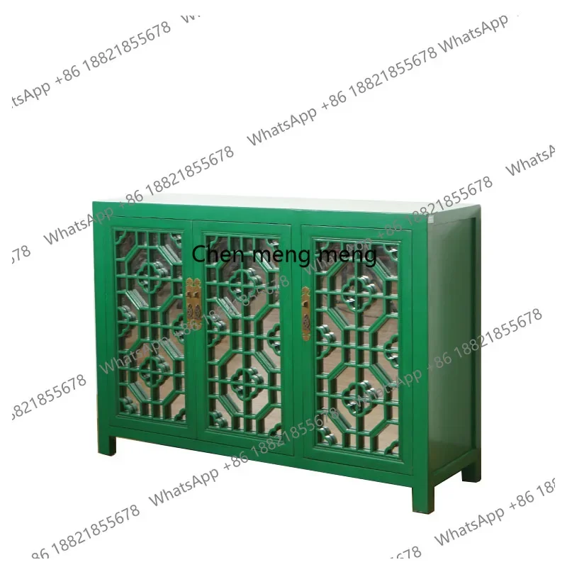 cc182Chinese retro green solid wood dining side cabinet hollow carved locker locker